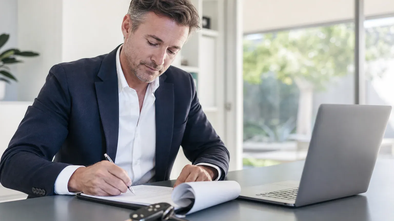 Automobiliste signant des documents d'assurance auto au bureau