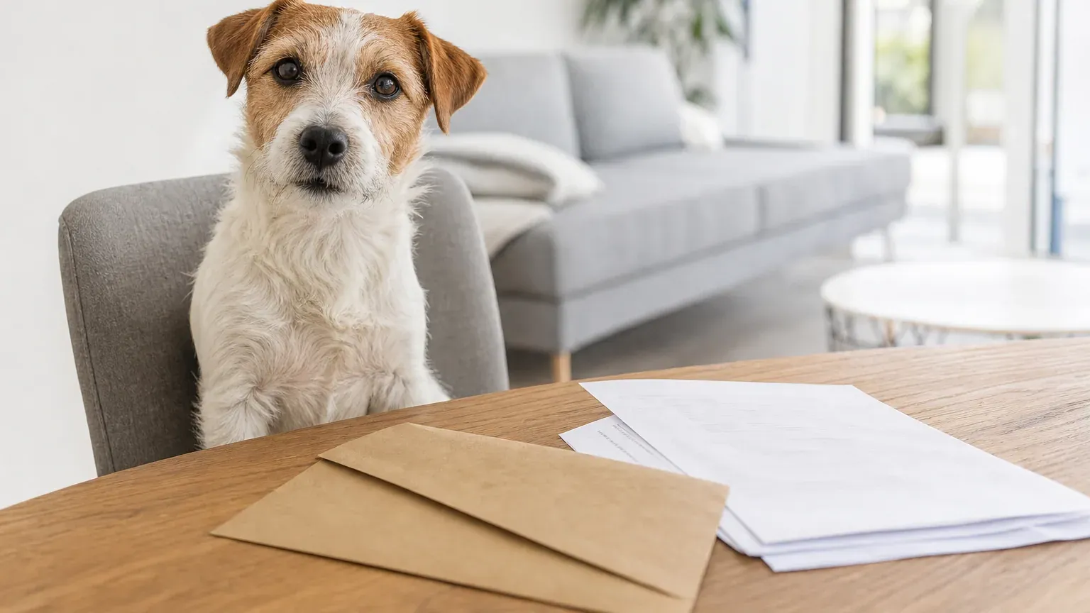 Chien assis à côté d'une enveloppe et de documents administratifs sur une table