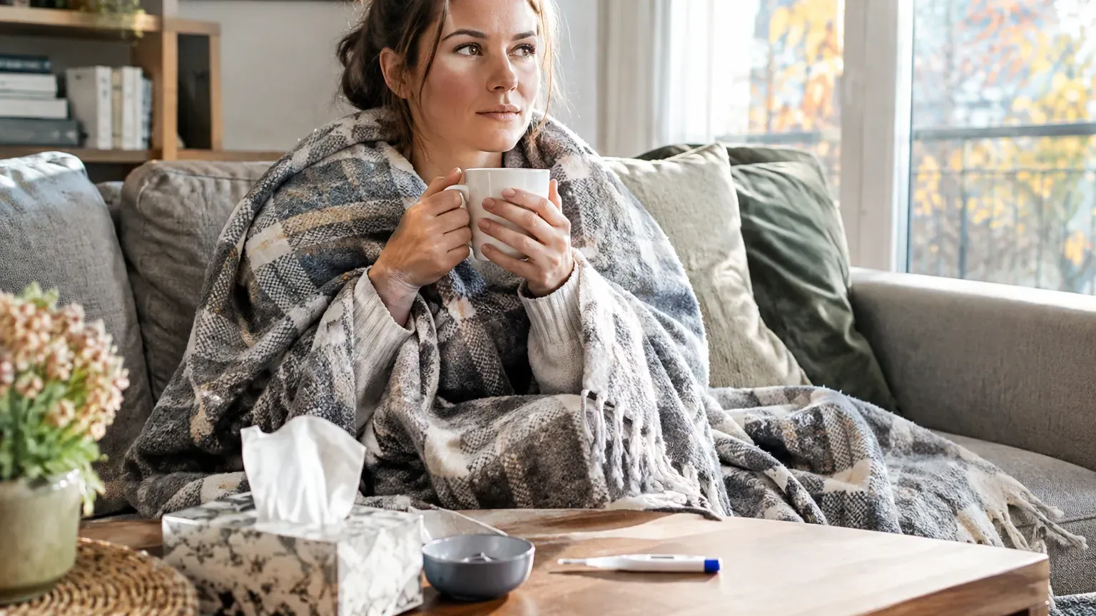 Femme enveloppée dans un plaid sur un canapé avec une tasse chaude, mouchoirs et thermomètre sur la table basse
