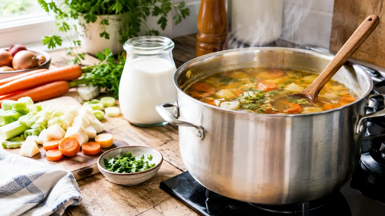 Marmite de soupe de légumes fumante sur le feu, légumes coupés et pot de crème sur le plan de travail