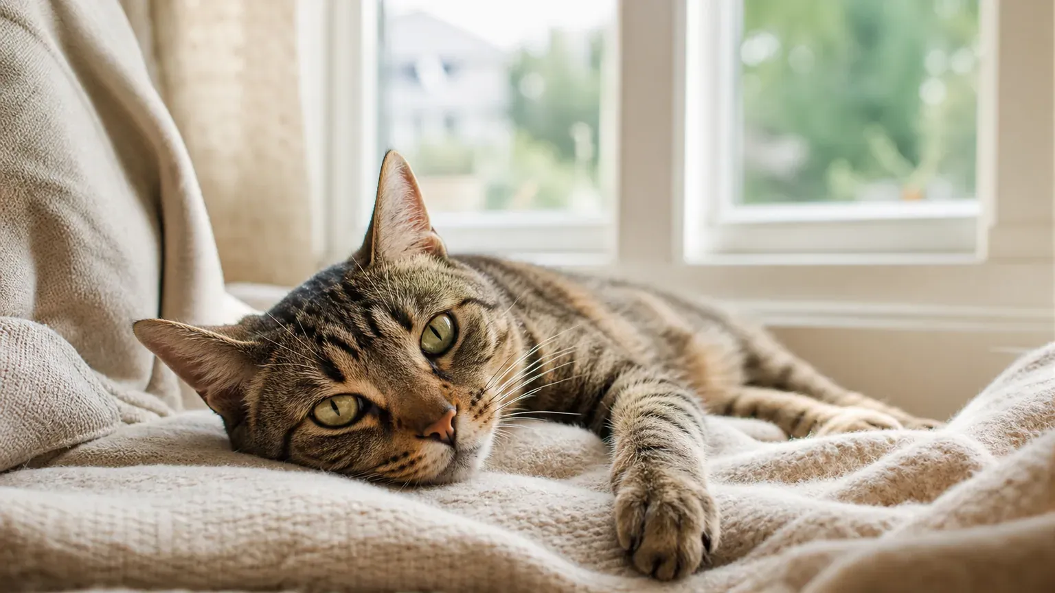 Chat au repos sur un plaid clair après une visite chez le vétérinaire