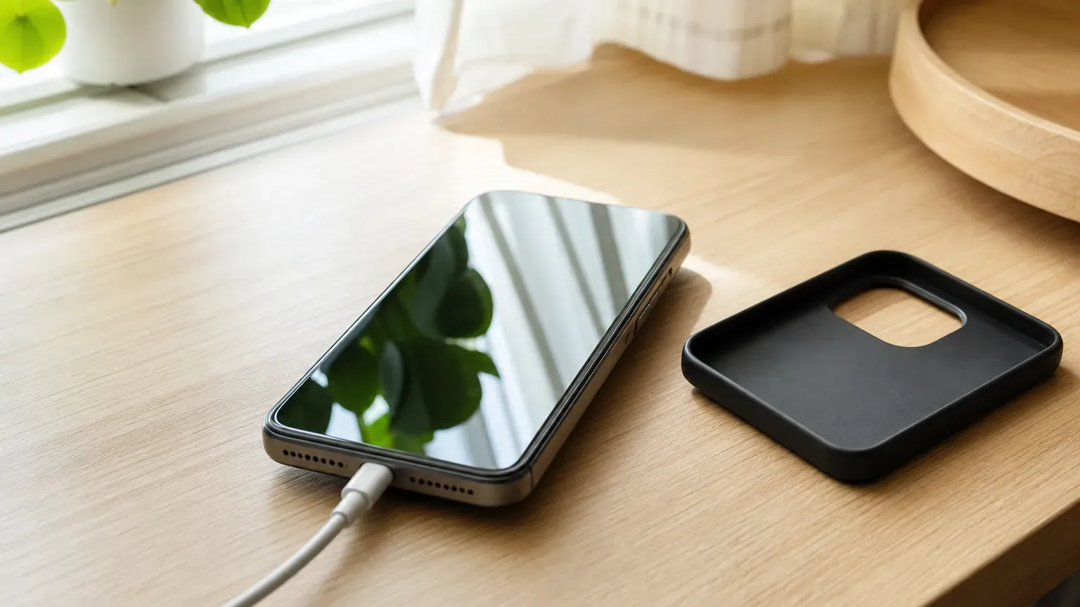 Smartphone en charge posé sur une table en bois à côté de sa coque retirée