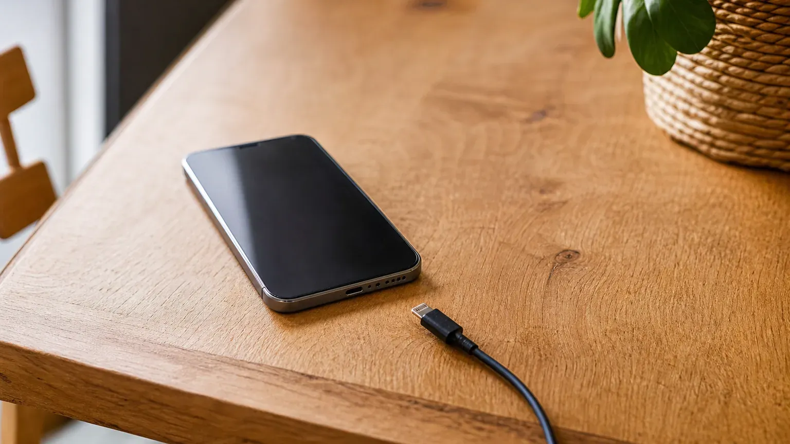 Smartphone à l'écran noir posé à côté d'un câble de charge débranché