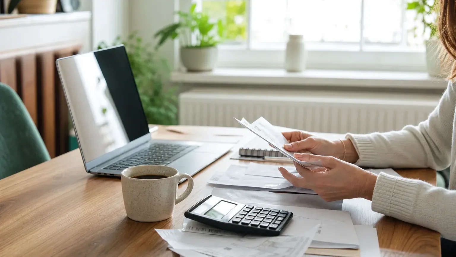 Personne en télétravail triant ses factures devant un ordinateur portable