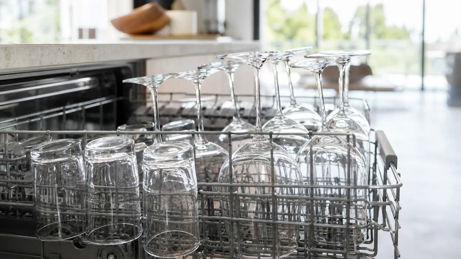 Verres propres et brillants rangés dans le panier supérieur ouvert d'un lave-vaisselle
