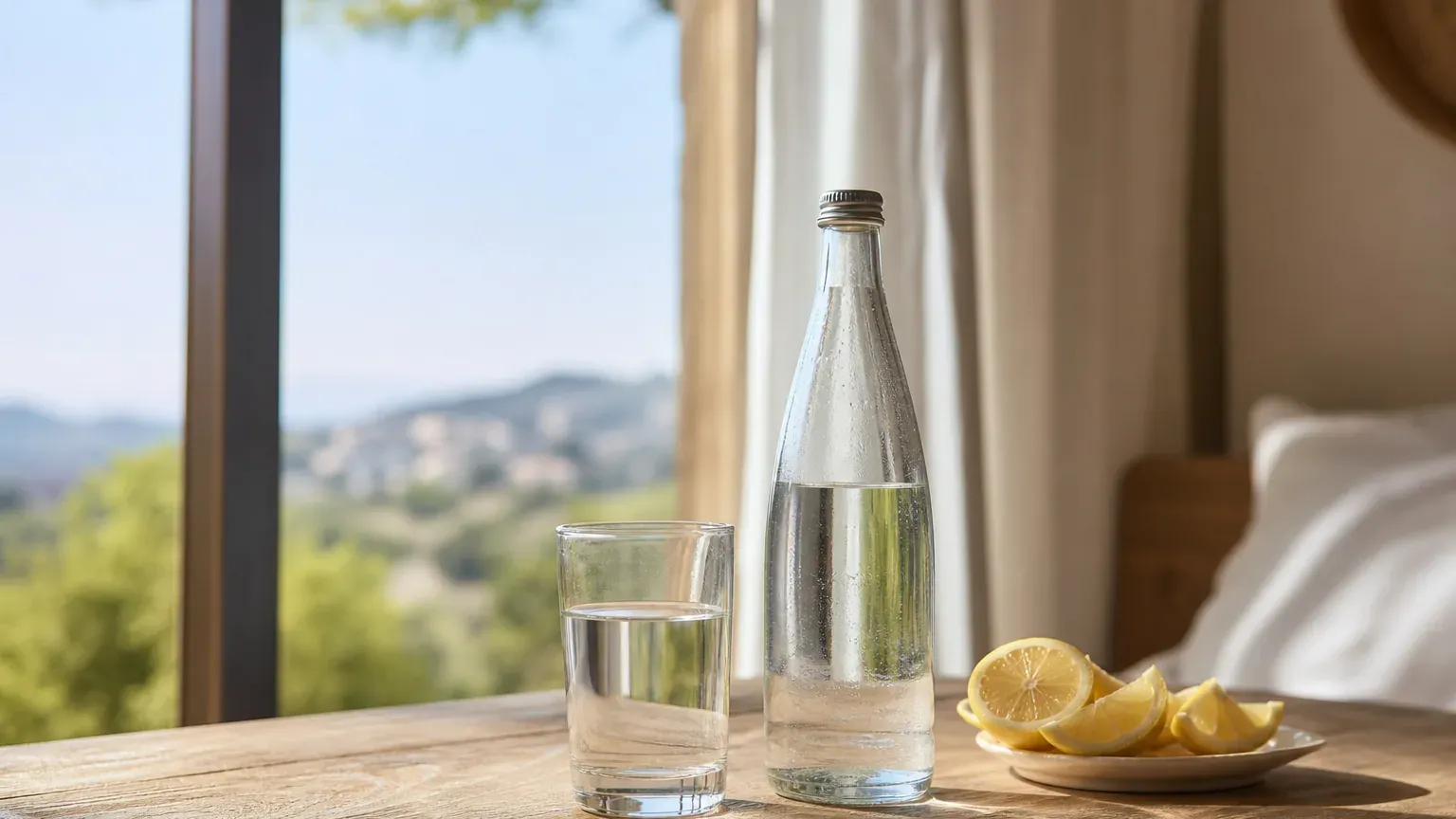 Voyageur avec un verre d'eau et une bouteille d'eau en bouteille dans une chambre ensoleillée