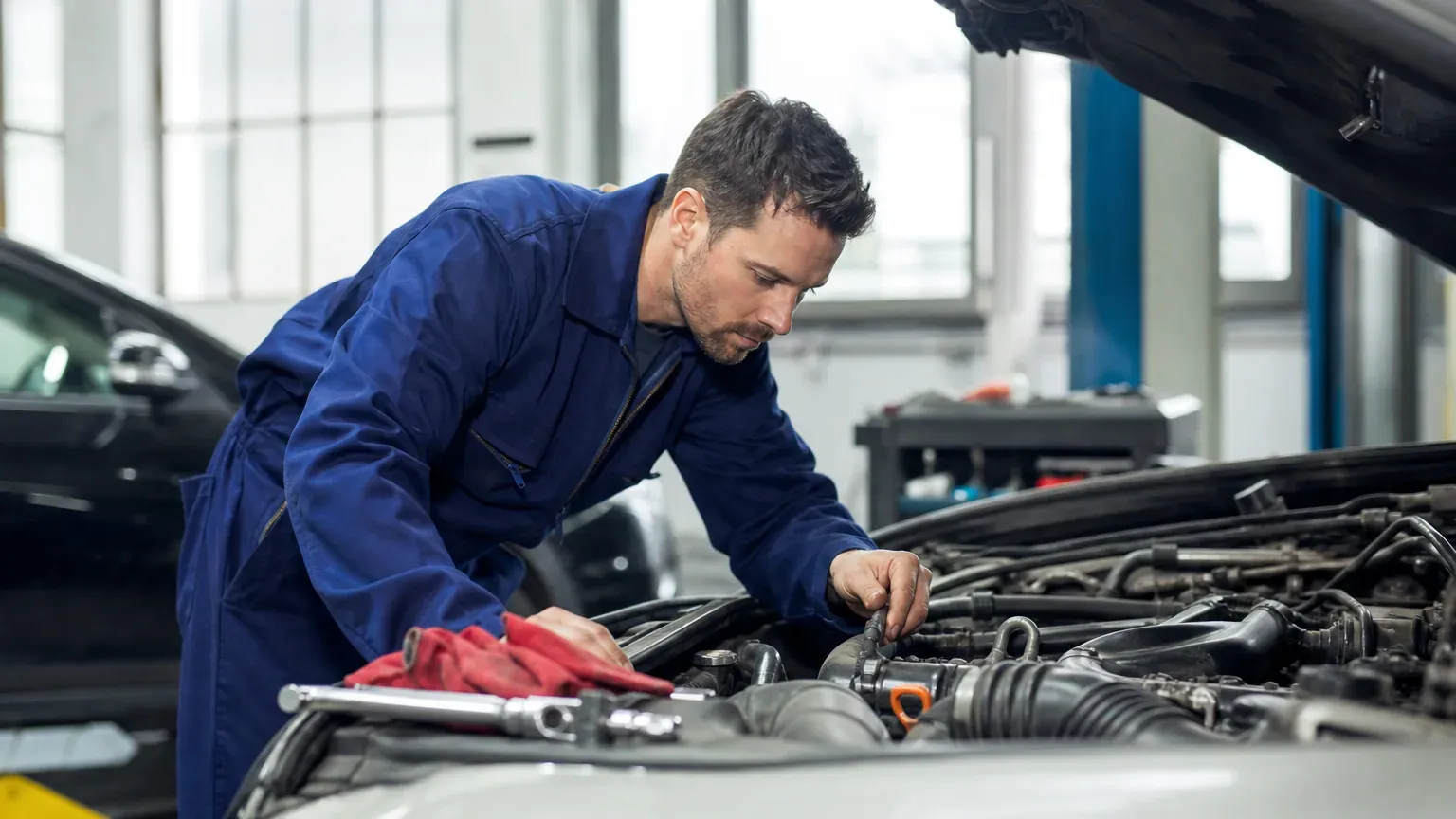 Mécanicien inspectant le moteur d'une voiture d'occasion pour détecter un vice caché