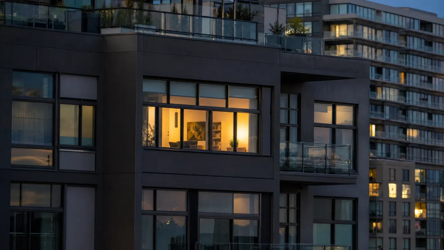 Façade d'immeuble résidentiel le soir avec une seule fenêtre éclairée