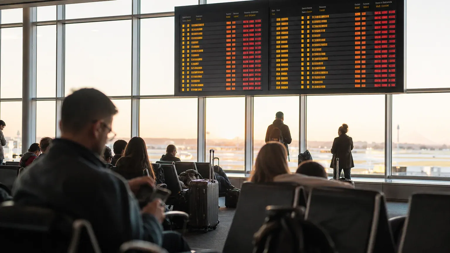 Voyageurs patientant devant un panneau d'affichage indiquant des vols retardés dans un aéroport