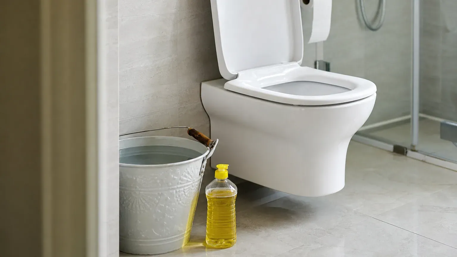 Cuvette de toilettes blanche avec un seau d'eau chaude et du liquide vaisselle posés à côté